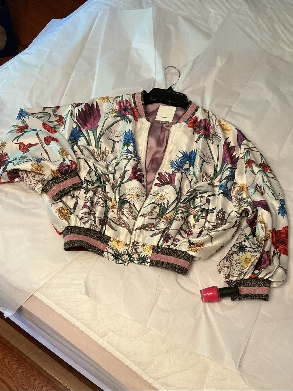 elevenses Floral Cream Bomber Jacket with Multicolor Blooms